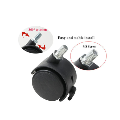 Four Pack 1.5 Inch Swivel Caster Wheels Featuring M8 Metric Thread And Secure Locking Brake. Close-up of casters showing M8 screw and locking mechanism.