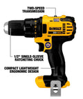 Loaded Compact Six Tool Cordless Power Kit Equipped With Two Speed Drill Driver And Fast Swap Chuck Plus Effortless Reciprocating Saw For Knocking Out Toughest Job Site Builds: close-up of DeWALT drill with ergonomic design.