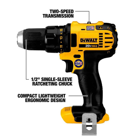 Loaded Compact Six Tool Cordless Power Kit Equipped With Two Speed Drill Driver And Fast Swap Chuck Plus Effortless Reciprocating Saw For Knocking Out Toughest Job Site Builds: close-up of DeWALT drill with ergonomic design.