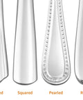 Different fork handle designs: scalloped, squared, pearled, rounded. Stainless Steel Dinner Forks, Dishwasher Safe, Scalloped Edge, Well Balanced Weight.
