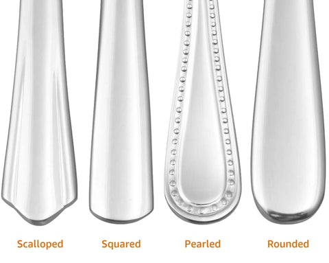 Different fork handle designs: scalloped, squared, pearled, rounded. Stainless Steel Dinner Forks, Dishwasher Safe, Scalloped Edge, Well Balanced Weight.
