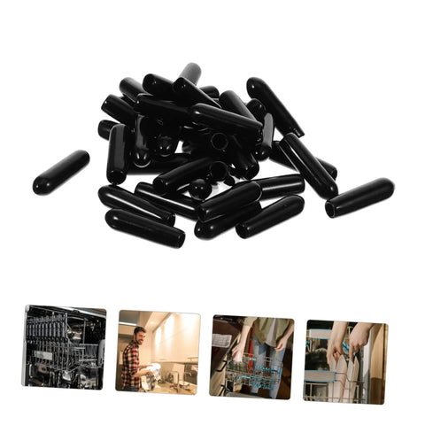 Heavy Duty Dishwasher Rack Prong End Caps 200 Pack Black Plastic Tip Protectors shown in a pile, ideal for quick installation and repairs.