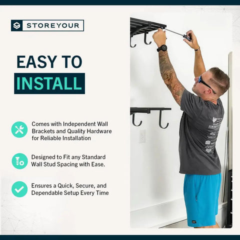 Beefy Garage Wall Shelves 1x4 Ft Set Of 2 With 6 Hooks 400 Lb Total Capacity 200 Lb Per Shelf Powder Coated Steel For Easy Tool Organization And Hardcore Garage Storage installed on wall