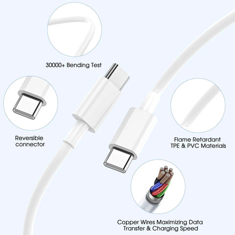 Close-up of 20W USB C Fast Charger Wall Block With 6 Ft Type C To USB C Cable, showing reversible connectors and copper wires