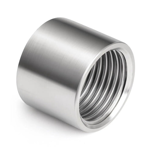 Rock Solid One Point Two Five Inch Double Female NPT Pipe Coupler 304 Stainless Steel Heavy Duty Rust Proof Connector showing threaded interior.