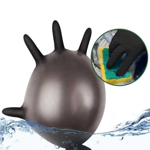 Front view of black nitrile disposable glove; inset shows a gloved hand cleaning with a sponge.