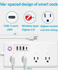 Kick Outlet Chaos With This Slick Smart Surge Protector Featuring Four Independently Controlled Ac Outlets Plus Four Fast Usb Ports And Matter Sync For Seamless Alexa And Google Control Over A Tough Five Foot Extension Cable For Daily Gear - Image showing smart power strip with USB-C and Zigbee features.