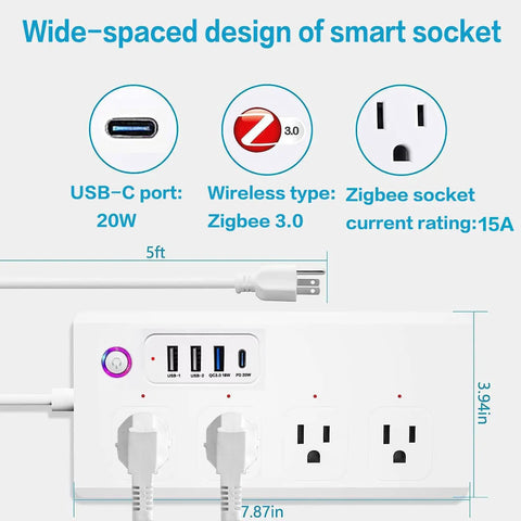 Kick Outlet Chaos With This Slick Smart Surge Protector Featuring Four Independently Controlled Ac Outlets Plus Four Fast Usb Ports And Matter Sync For Seamless Alexa And Google Control Over A Tough Five Foot Extension Cable For Daily Gear - Image showing smart power strip with USB-C and Zigbee features.