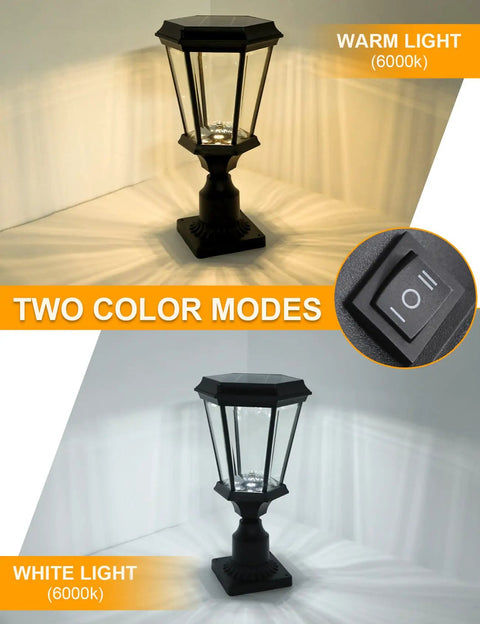 Solar Post Light With Dusk To Dawn Sensor showing warm and white light modes, featuring aluminum design and waterproof body.