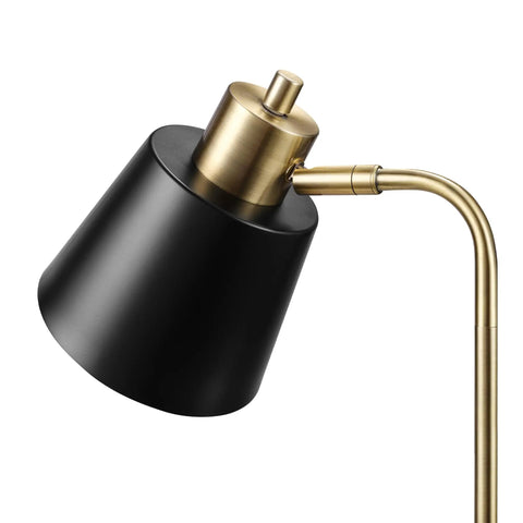 18 Inch Matte Brass Desk Lamp With Matte Black Shade, Adjustable Pivot For Precise Reading And Desk Work, Dope Sleek Modern Mid Century Style Lighting For Home Office Or Nightstand. close-up angled shade