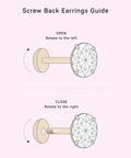 Screw back earrings guide illustration showing how to open and close Solid Implant Grade Titanium Screw Back Earrings Made For Sensitive Skin With Hypoallergenic F136 Studs That Stay Put And Keep Your Jewelry Low Drama Always.