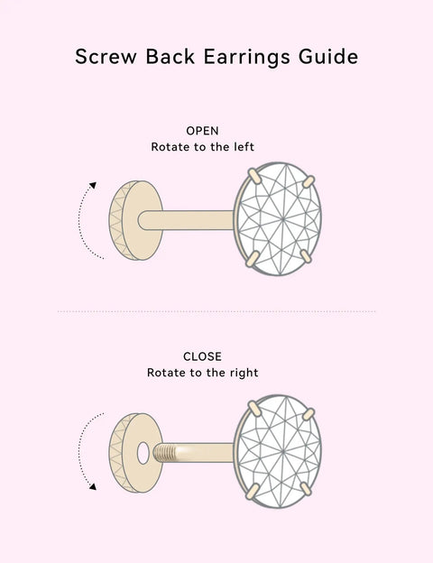 Screw back earrings guide illustration showing how to open and close Solid Implant Grade Titanium Screw Back Earrings Made For Sensitive Skin With Hypoallergenic F136 Studs That Stay Put And Keep Your Jewelry Low Drama Always.