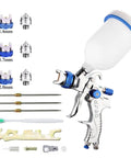 HVLP Paint Sprayer Kit With Three Nozzles 1.4mm 1.7mm 2.0mm, 600cc Gravity Cup, spray gun and accessories visible