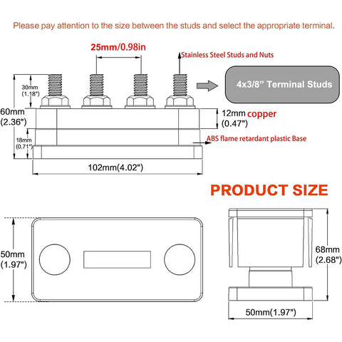 Heavy Duty 600 Amp Copper Bus Bar Power Distribution Block dimensions with 4x3/8 terminal studs and ABS base