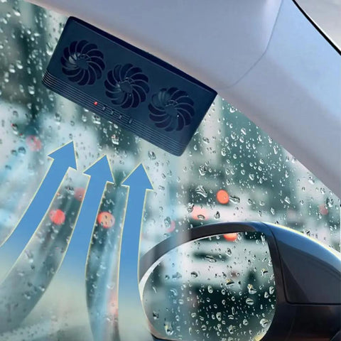 Solar Car Exhaust Fan With Triple Head Design For Chevy Volt Bolt EV And Blazer EV mounted on window expelling warm air.