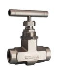 Front view of stainless steel ultra-high pressure needle valve with T-handle and 1/2 in NPT female ends