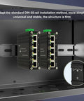 Industrial 5 Port Passive PoE Switch With 24V Output 12 To 24V DC Input installed on DIN rail in industrial cabinet