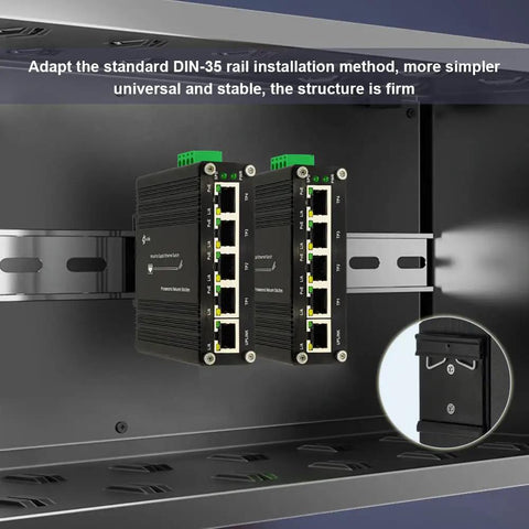 Industrial 5 Port Passive PoE Switch With 24V Output 12 To 24V DC Input installed on DIN rail in industrial cabinet