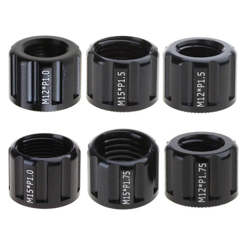 Super Durable Aluminum Bike Thru Axle Nut 12mm 15mm Thread Quick Release Cap set of black axle nuts with various thread sizes.