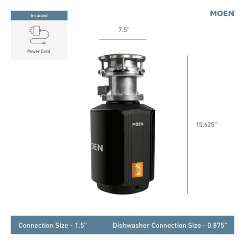 Powerful 0.75 Horsepower Garbage Disposal With Power Cord, Batch Feed Safety Activation And Quiet Operation, 15.625 inch size
