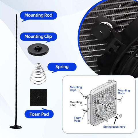 Ultimate Car Radiator Fan Mounting Kit with zip ties and clips showing rods, foam pads, and springs for easy installation
