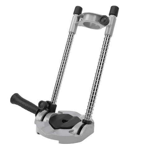 Portable Drill Press Adapter And Drill Guide Jig Stand with Heavy Duty Aluminum Cast Iron Build, side view, vertical position.