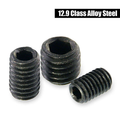 400Pcs Allen Head Socket Cup Point Set Screws Kit With 10 Sizes M3 M4 M5 M6 M8 Internal Hex Drive For Doors Handles Faucets Light Fixtures And DIY Repairs, showing close-up of black 12.9 class alloy steel screws
