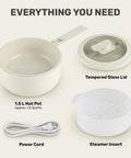 All In One Electric Hot Pot With Steamer And Lid 1.5L Nonstick Ceramic Cooker accessories: pot, tempered lid, steamer, power cord