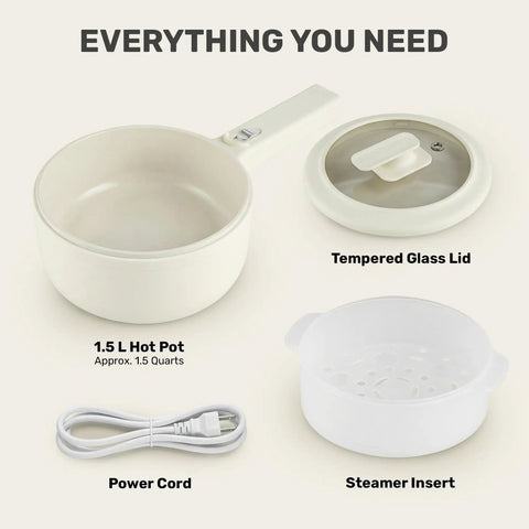 All In One Electric Hot Pot With Steamer And Lid 1.5L Nonstick Ceramic Cooker accessories: pot, tempered lid, steamer, power cord