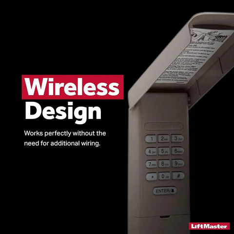 Wireless Keyless Entry Keypad For Garage Door Openers Compatible With Security Plus 2.0 Featuring Round Yellow Learn Button And Yellow Antenna Wire No Wiring Needed Remote Access And Smooth Onscreen Programming, shown open and uninstalled with numeric keypad visible.