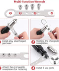 Professional Rivet Gun Adapter Kit With Flex Head And 210 Pcs Assorted M3 M4 M5 Aluminum Pop Rivets Includes Wrench And Clamping Fixture For Bulldog Tough Sheetmetal And Industrial Ductwork Projects, showing multi-function wrench and changing nozzles.