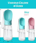 Three Leak Proof Dog Water Bottles For Outdoors in blue and pink, 19oz size, with built-in drinking feeders, 10.2-inch tall.