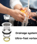 Hands washing under water with drainage system layers displayed, promoting Stainless Steel Hand Sink Basin 17 X 15 Inches Wall Mount.