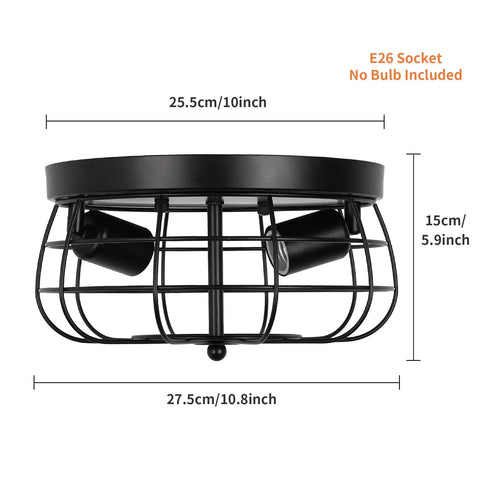 Industrial Black Flush Mount Ceiling Light 2 Light Farmhouse Fixture With Metal Cage Shade, modern rustic design with size dimensions.