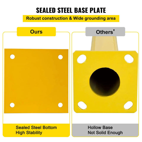 Comparison of sealed steel base plate for Tough As Nails 48 Inch Steel Safety Bollard Post, highlighting stability features.
