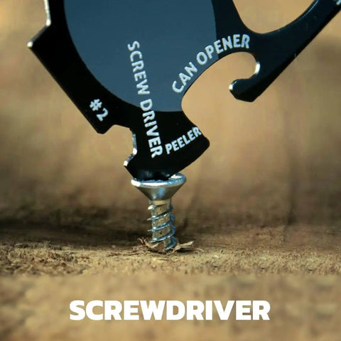 Close-up of 18 In 1 Credit Card Sized Multi Tool For Everyday Carry EDC Survival Gear with screwdriver in use
