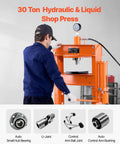 Pro Crew Badass 30 Ton H Frame Hydraulic Shop Press With Heavy Steel Platen And Automatic Relief Valve For Swapping Car Bushings Ball Joints Garage Metalwork Setup, user operating press with U-joint and bearings.