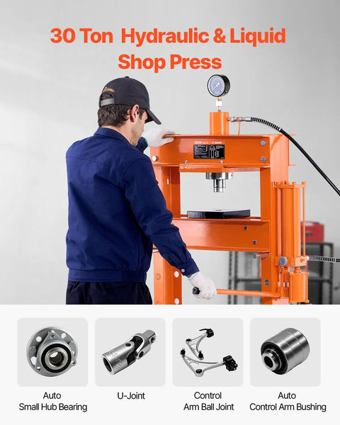 Pro Crew Badass 30 Ton H Frame Hydraulic Shop Press With Heavy Steel Platen And Automatic Relief Valve For Swapping Car Bushings Ball Joints Garage Metalwork Setup, user operating press with U-joint and bearings.