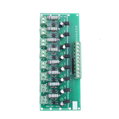 Top view of 8 Channel Optocoupler Isolation Module For AC 110V And 220V, PNP High Level Output, Voltage Level Converter And Monitor.