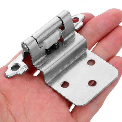 Beefy 4 Pack Heavy Duty Self Closing Hidden Cabinet Door Hinges in hand showing iron finish and sturdy design.