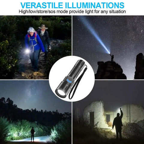 Beast Mode 2000 Lumen Rechargeable LED Flashlight Tactical Torch used in various nighttime settings showing versatility.