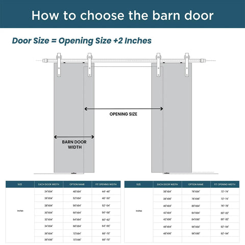 Diagram showing dimensions for Solid Wood Paneled Double Sliding Barn Door System With Hardware Kit Set Includes Two Forty Inch Doors For Space Saving Room Divider And No Fuss Install In Bathroom Kitchen Laundry Or Home Office Built To Last In Any Climate installation.