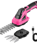Slick Cordless Hedge Trimmer And Grass Shears 2 In 1 Lightweight Electric Bush Tool With Rechargeable Battery And Type C Charging Cable For Easy Peasy Trimming No Sweat Garden Cleanup Kit Pink close-up of trimmer with blades and USB-C cable.