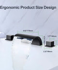 Matte Black Waterfall Tub Faucet With Widespread Spout, Deck Mount Roman Tub Filler, Solid Brass 2-Handle Bathroom Faucet, Drip-Free Ceramic Cartridge For Smooth Flow And Leak-Resistant Performance on marble surface.