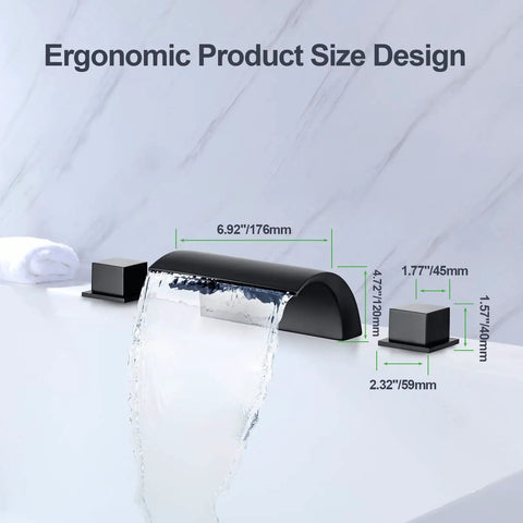 Matte Black Waterfall Tub Faucet With Widespread Spout, Deck Mount Roman Tub Filler, Solid Brass 2-Handle Bathroom Faucet, Drip-Free Ceramic Cartridge For Smooth Flow And Leak-Resistant Performance on marble surface.