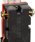 Side view of a Beefy 20 Amp 120 Volt Toggle Pilot Light Switch With Illuminated Handle Requires Neutral Self Grounding Quiet Single Pole AC Operation Red 1221 PLR Industrial Grade Switch showing black casing and metal components.