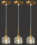 Mini Crystal Gold Pendant Lights 3 Pack for Kitchen Island with clear K9 crystals, showing adjustable gold-finished design