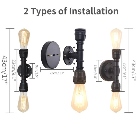 Vintage Edison Vibe Two Light Bathroom Vanity Wall Sconce In Black Finish With Industrial Water Pipe Design for vertical and horizontal setups