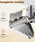 Heavy Duty Commercial Electric Tomato Strainer With Stainless Steel Food Press detailing brace and filter for jam and sauce making.
