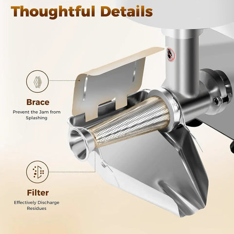 Heavy Duty Commercial Electric Tomato Strainer With Stainless Steel Food Press detailing brace and filter for jam and sauce making.